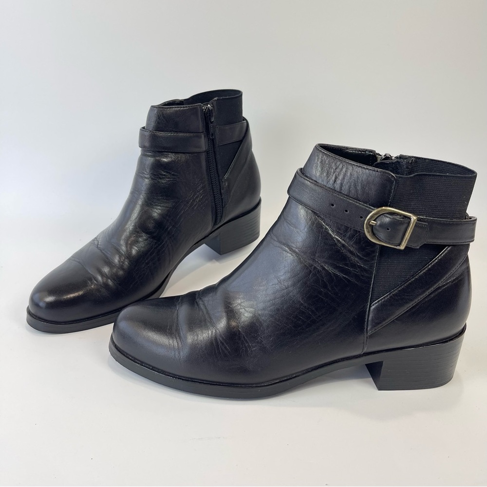 Partners Leather Buckle Side Zipper Chunky Heels Round Toe Ankle Booties Sz 9 M